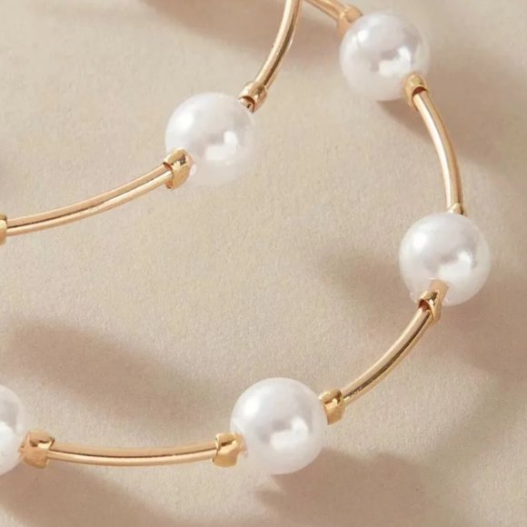 Gold & Pearl Round Hoop Earrings NEW - Picture 4 of 7